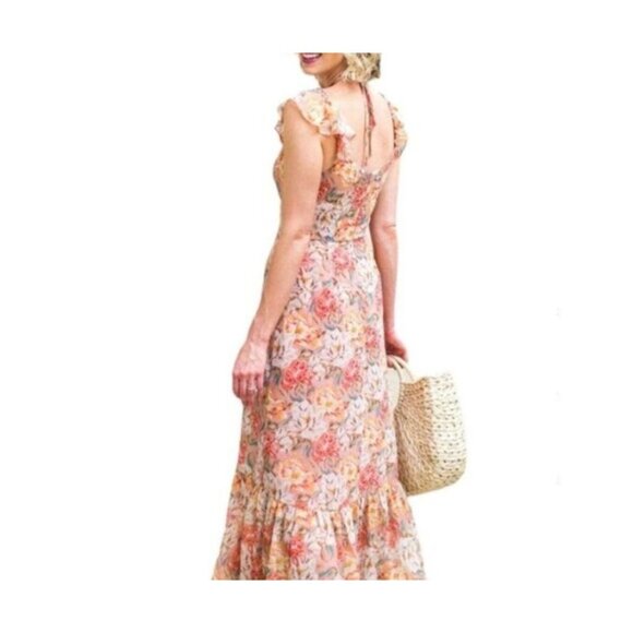 WAYF Valerie Blouson Midi Chiffon Dress Large Spring Wedding Guest Bridal Shower - Picture 2 of 13